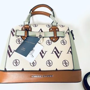 ADRIENNE VITTADINI Medium Dome Satchel Signature Handbag Purse Logo  Beige